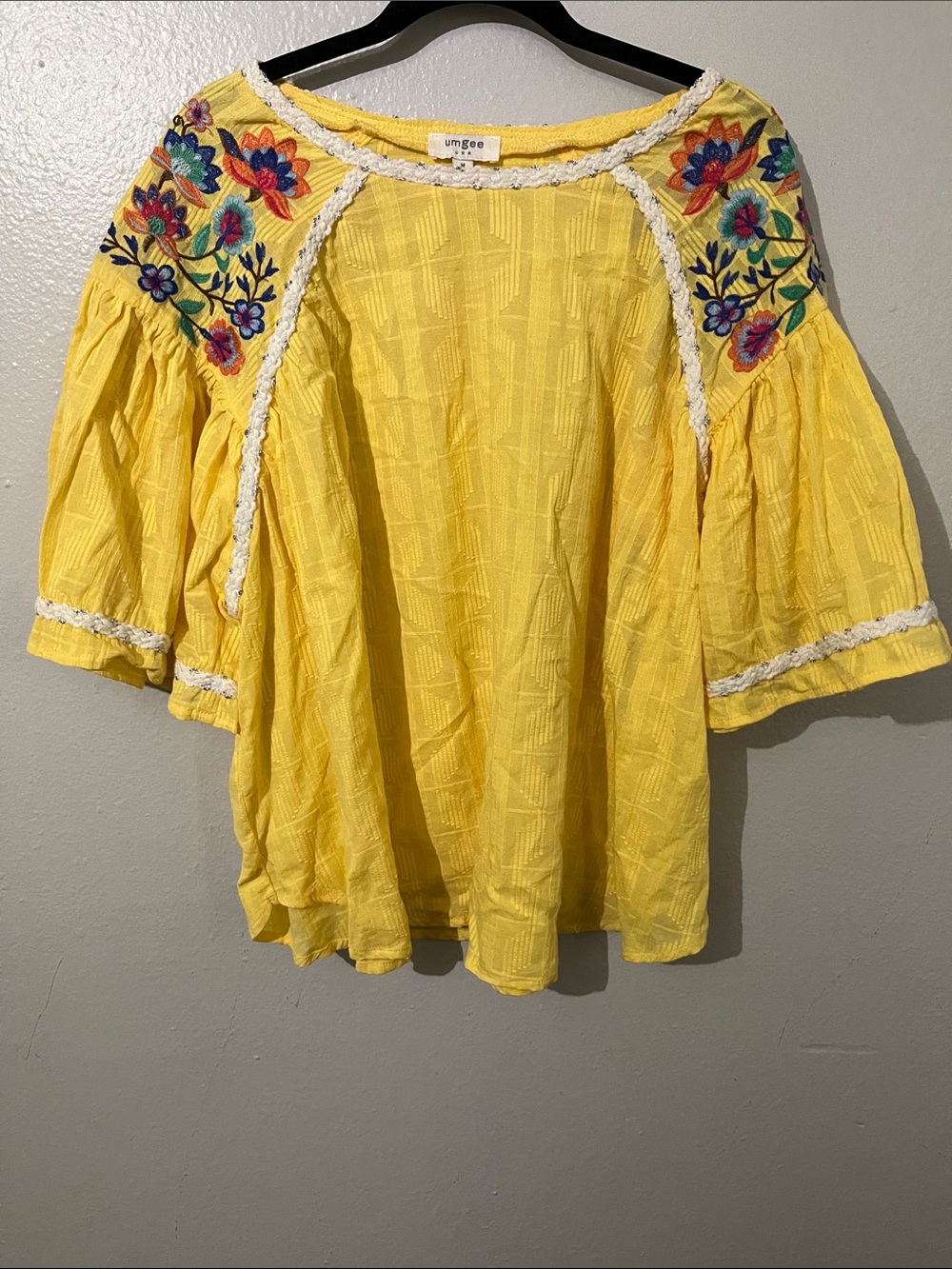 Umgee Bright Yellow Embroidered Flutter Sleeve Tunic